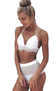 F4665-2White Фигурный кружевной купальник бикини с высокой талией из двух предметов